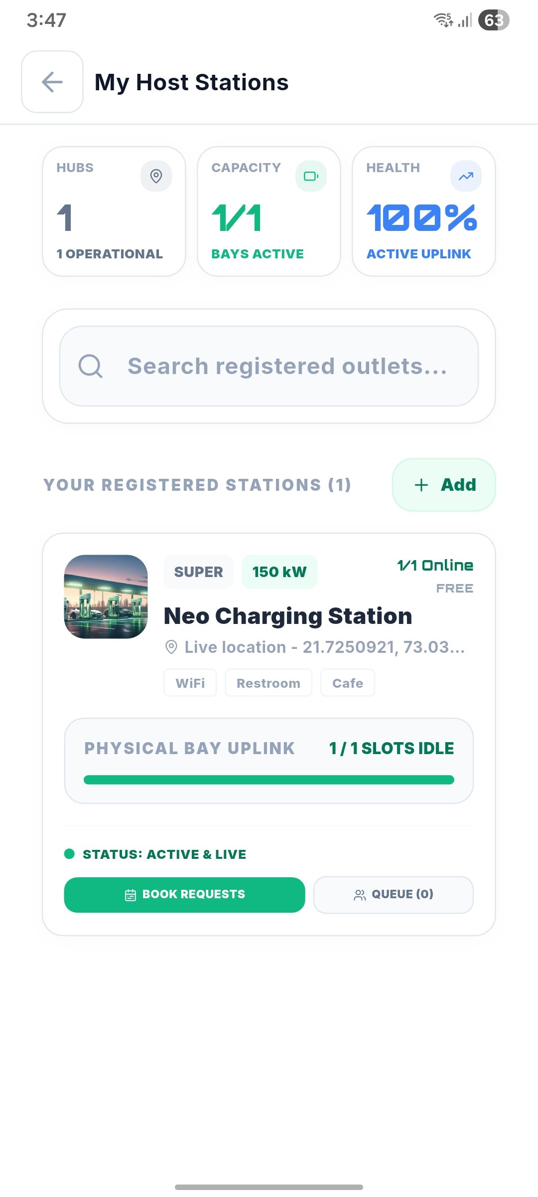 ChargeXFinder App - Host or vendor panel to manage charging stations and check earnings