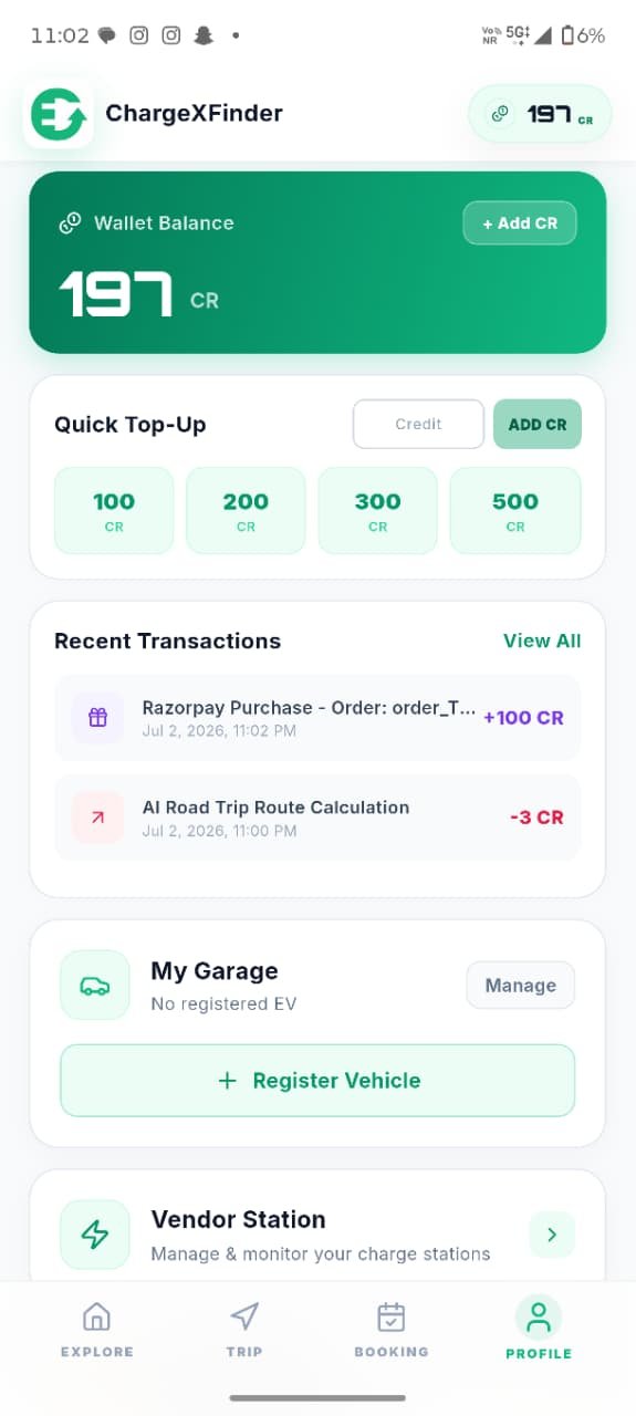 ChargeXFinder App - User profile screen showing wallet credits and active sessions